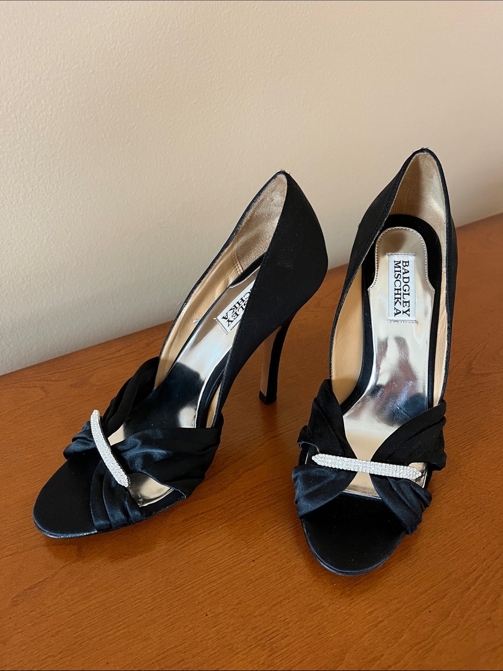 Badgley Mischka Black Satin Peep-Toe Heels with Crystal Strap